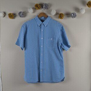 Lands' End Blue Gingham Seersucker Short Sleeve Button Up Shirt Size Large